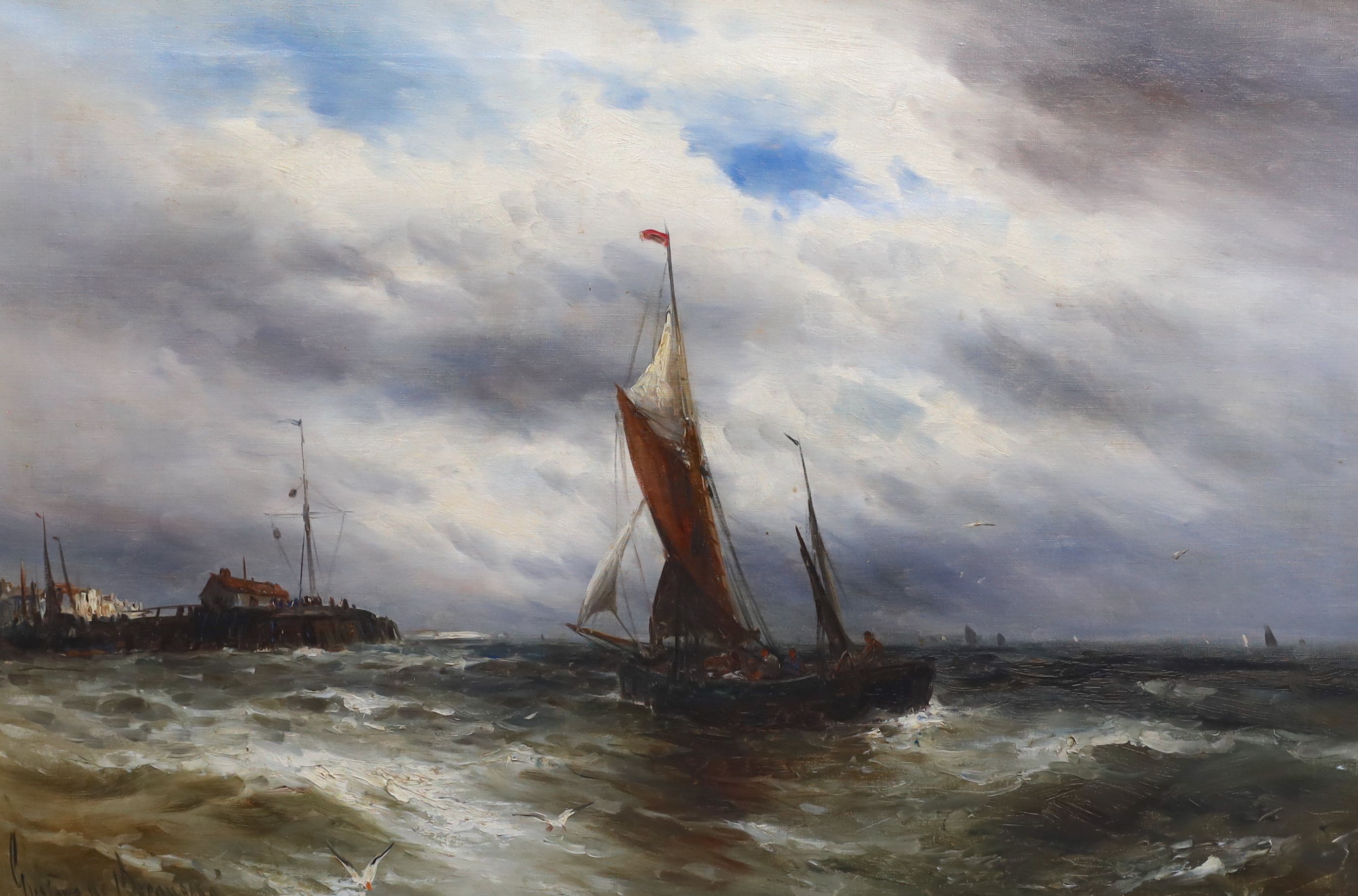 Gustav de Breanski (1856-1898), Fishing boat entering harbour, oil on canvas, 60 x 90cm
